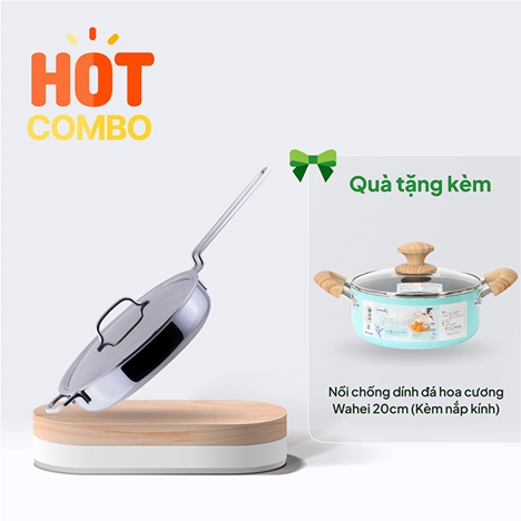 Combo siêu hời mua Chảo inox 304 cao cấp GEO 7 lớp liền khối 25cm tặng Nồi chống dính đá hoa cương Wahei 20cm (Kèm nắp kính)
