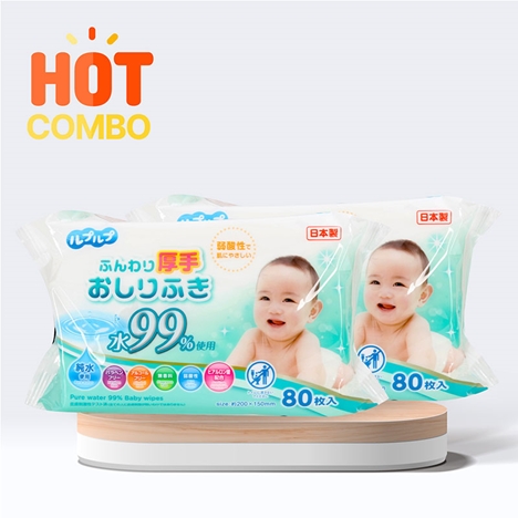 Combo siêu tiết kiệm 2 Khăn ướt cho bé 99% nước tinh khiết không cồn, hương liệu 80 tờ