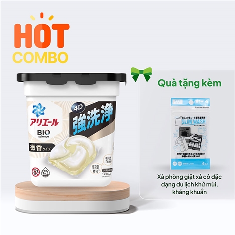 Combo siêu hời mua Viên giặt tẩy trắng quần áo Ariel 4D 12 viên Hương dịu nhẹ tặng Xà phòng giặt xả cô đặc dạng du lịch khử mùi, kháng khuẩn