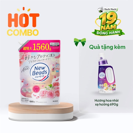 Combo siêu hời mua Nước giặt xả Kao New Beads Hương hoa hồng mộc lan 1560g tặng chai Hương hoa nhài xạ hương 690g