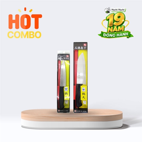 Combo siêu tiết kiệm Dao bếp inox Nikken Tsurumaru Petit lưỡi 12.5cm và Dao Santoku lưỡi 16.5cm