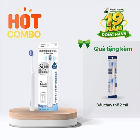 Combo siêu hời mua Bàn chải đánh răng điện sóng âm siêu tốc Dretec TB-316 (Trắng) tặng Đầu thay thế 2 cái