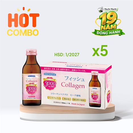Combo siêu tiết kiệm 1 thùng 5 hộp TPBS: Nước uống Collagen Nhật Bản Kenkogen 100mlx10 chai  (HSD: 1/2027)