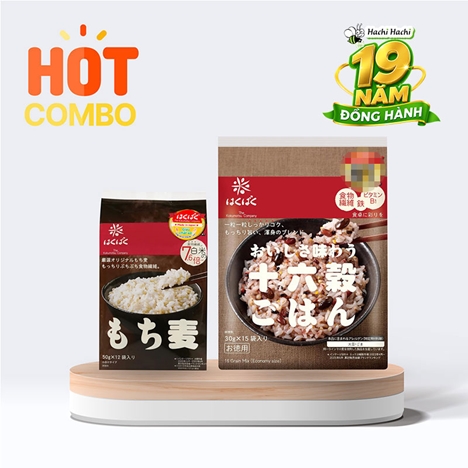 Combo siêu tiết kiệm Hỗn hợp 16 loại hạt ngũ cốc Hakubaku450g (30gx15 gói) và Gạo đại mạch Mochimugi Hakubaku 600g (50gx12)
