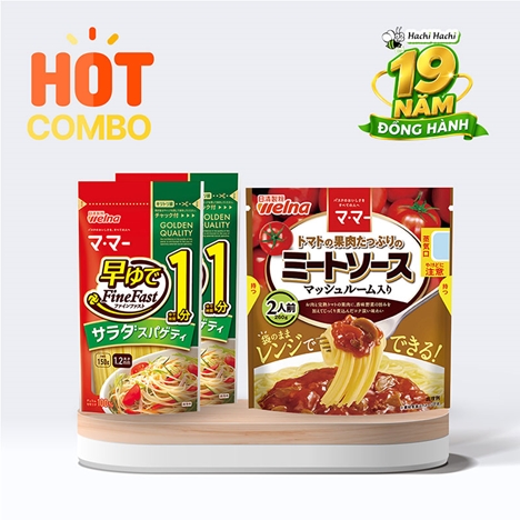Combo siêu tiết kiệm 2 gói Mì Ý Spaghetti Nisshin 150g và Nước xốt cà chua, thịt và nấm Nisshin 260g