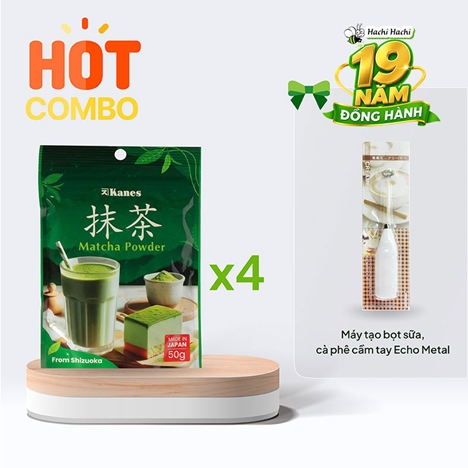 Combo siêu hời mua 4 Bột trà xanh Matcha Nhật Bản Kanes 50g tặng Máy tạo bọt sữa, cà phê cầm tay Echo Metal