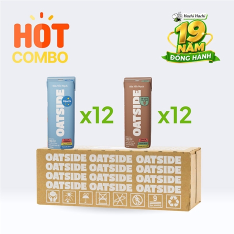 Combo siêu tiết kiệm thùng 24 hộp TPBS: Sữa yến mạch Oatside 180ml (12 đậm đà - 12 vị socola lúa mạch)