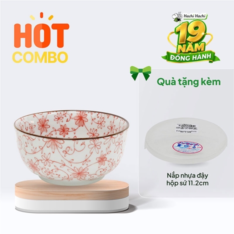 Combo siêu hời mua Hộp sứ Nhật Bản đựng thức ăn 10.6cm (họa tiết Karakusa đỏ) tặng Nắp nhựa đậy hộp sứ 11.2cm