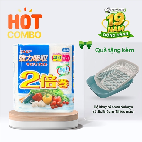 Combo siêu hời mua Khăn giấy bếp đa năng Ellemoi 2 lớp (4 cuộnx100 tờ) tặng Bộ khay rổ nhựa Nakaya 26.8x18.6cm (Nhiều mẫu)