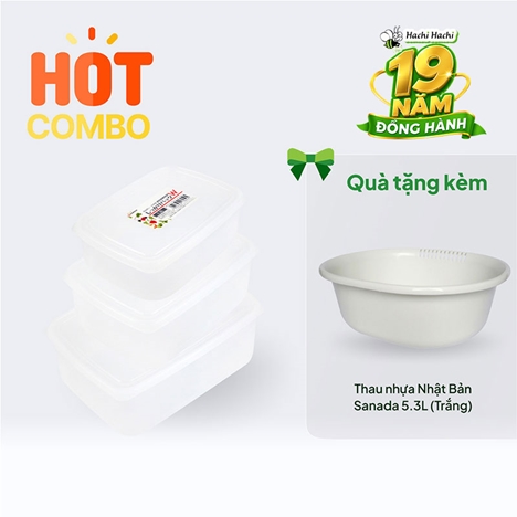 Combo siêu hời mua 3 Hộp đựng thực phẩm Nhật Bản 3 size tặng Thau nhựa Nhật Bản Sanada 5.3L (Trắng)