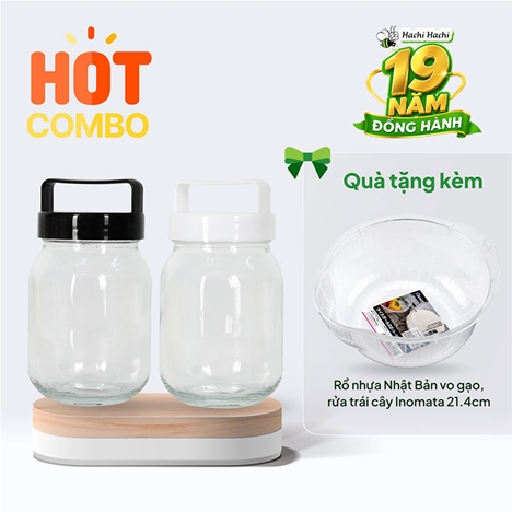 Combo siêu hời mua 2 Hũ thuỷ tinh 450ml Nắp có quai cầm (Nhiều mẫu) tặng Rổ nhựa Nhật Bản vo gạo, rửa trái cây Inomata 21.4cm