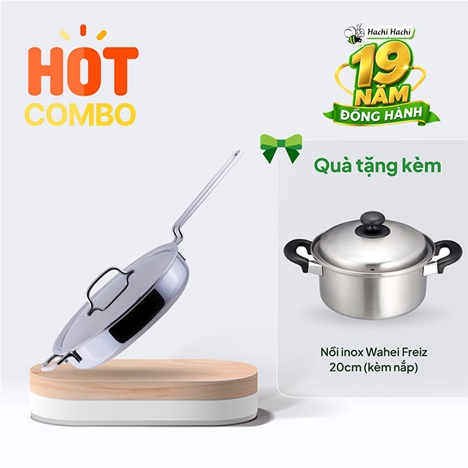Combo siêu hời mua Chảo inox 304 cao cấp GEO 7 lớp liền khối chống ăn mòn, gỉ sét 25cm tặng Nồi inox Wahei Freiz 20cm (kèm nắp)