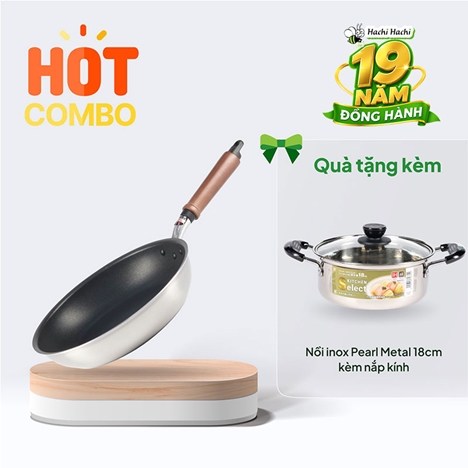 Combo siêu hời mua Chảo chống dính cao cấp Nhật Bản Hokuriku 26cm Plateado tặng Nồi inox Pearl Metal  18cm kèm nắp kính
