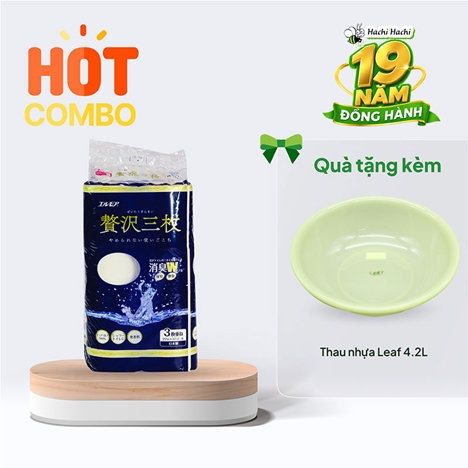 Combo siêu hời mua Giấy vệ sinh Ellemoi 3 lớp (22m x 12 cuộn) tặng Thau nhựa Leaf 4.2L