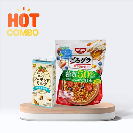Combo siêu tiết kiệm Sữa hạnh nhân không đường Marusan 1L và Ngũ cốc trái cây Granola giảm đường, bổ sung protein Nissin 300g