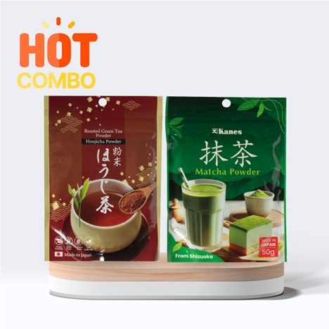 Combo siêu tiết kiệm Bột trà rang Houjicha Nhật Bản Kanes 50g và Bột trà xanh Matcha Nhật Bản Kanes 50g