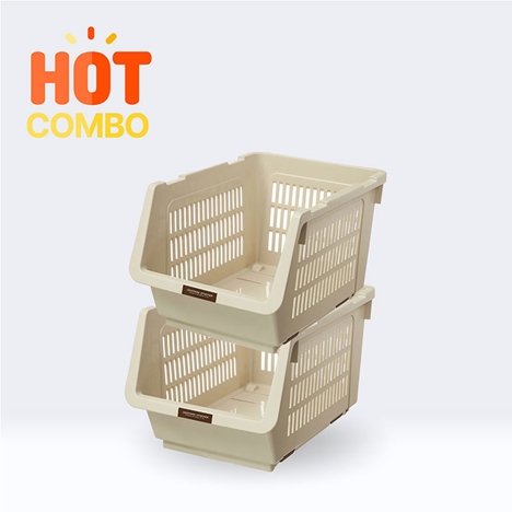 Combo siêu tiết kiêm 2 Kệ xếp tầng đa năng có bánh xe Nhật Bản Inomata 23.9x34.6cm (màu trắng kem)