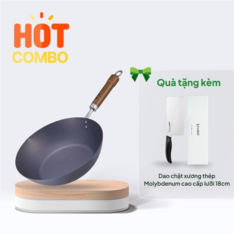 Combo siêu hời Mua Chảo sắt cao cấp Kou Tetsu chống gỉ sét 28cm Sâu lòng Tặng Dao chặt xương lưỡi 18cm