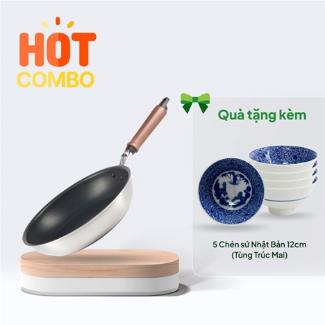 Combo siêu hời Mua Chảo chống dính cao cấp Nhật Bản Hokuriku 26cm Plateado Tặng 5 Chén sứ Nhật Bản 12cm (Tùng Trúc Mai)