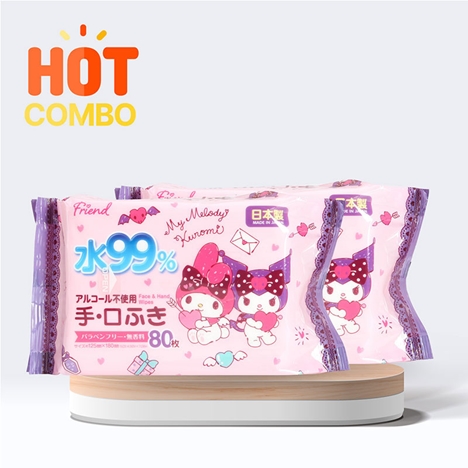 Combo siêu tiết kiêm 2 Khăn ướt không cồn, chứa 99% nước My Melody Kuromi 80 tờ