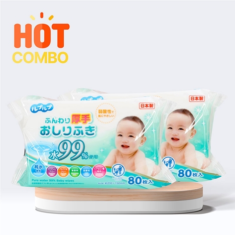 Combo siêu tiết kiệm 2 gói Khăn ướt cho bé 99% nước tinh khiết không cồn, hương liệu 80 tờ