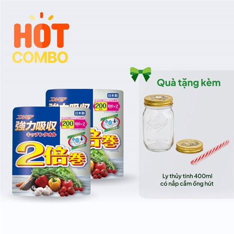 Combo siêu hời Mua 2 Khăn giấy bếp Nhật Bản đa năng Ellemoi 2 lớp (2 cuộnx100 tờ) Tặng Ly thủy tinh 400ml có nắp cắm ống hút
