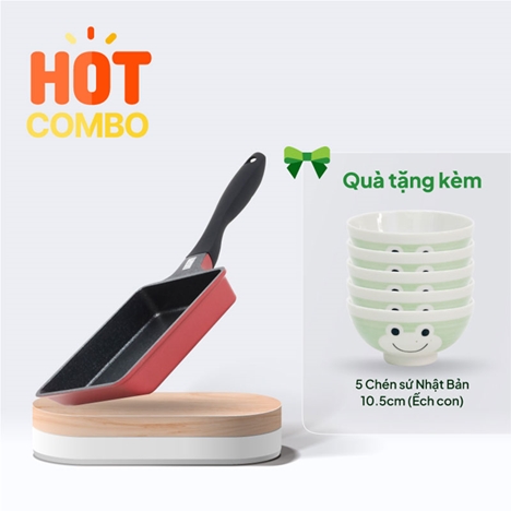 Combo siêu hời Mua Chảo chống dính đá hoa cương Pearl Metal 13x18cm Chiên trứng cuộn Tặng 5 Chén sứ Nhật Bản 10.5cm(Ếch con)