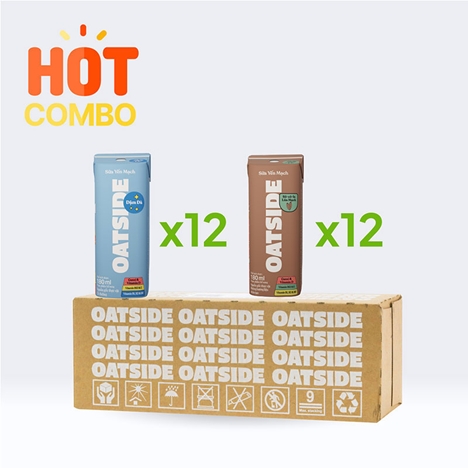 Combo siêu tiết kiệm thùng 24 hộp TPBS: Sữa yến mạch Oatside 180ml (12 đậm đà - 12 vị socola lúa mạch)