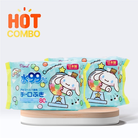 Combo siêu tiết kiệm mua 2 Khăn ướt Nhật Bản 99% nước tinh khiết, không cồn, paraben, hương liệu Cinnamoroll 80 tờ